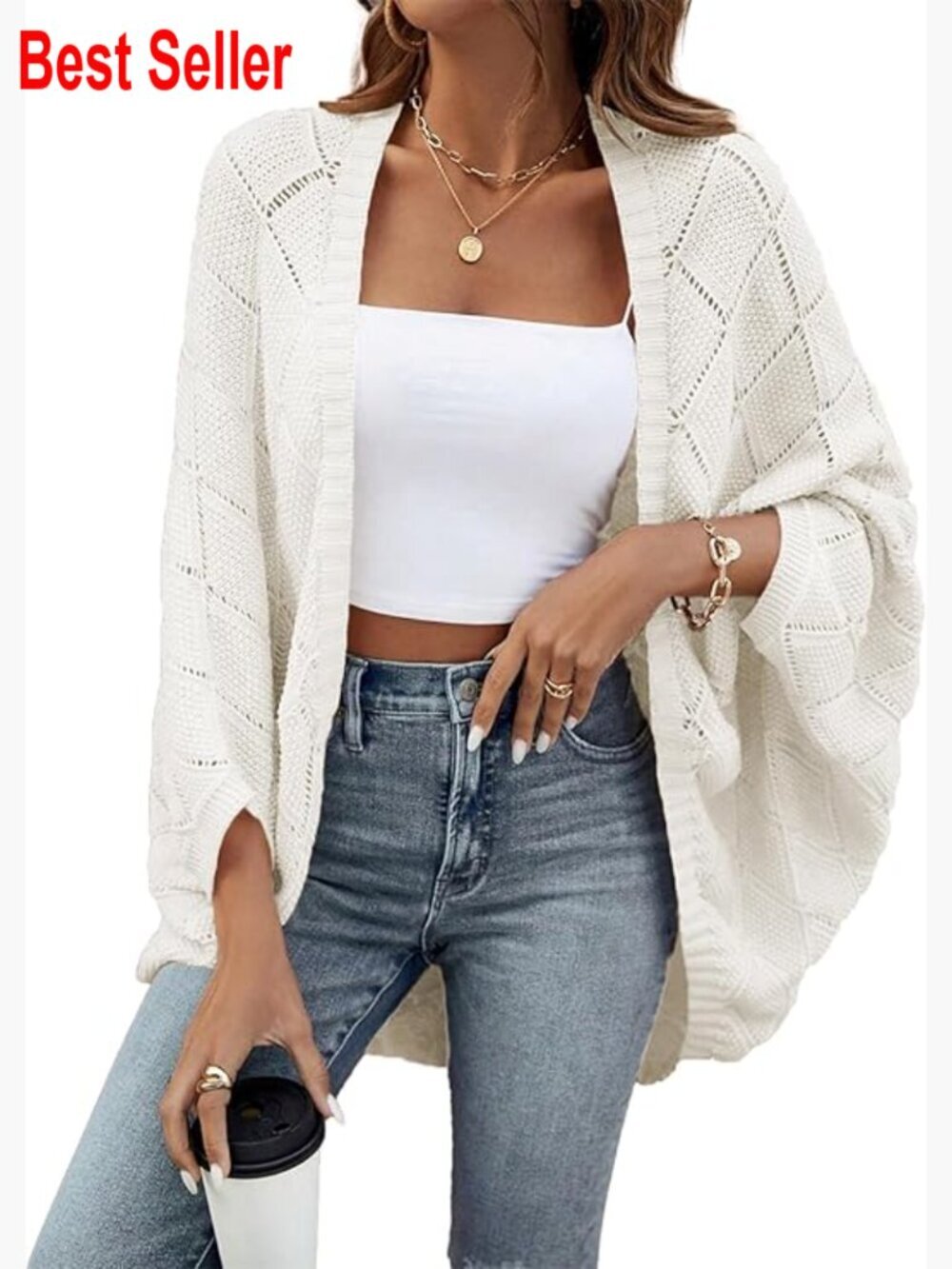 Crochet Oversized Cardigan Sweater Hollow Out Batwing Long Sleeve Shrug